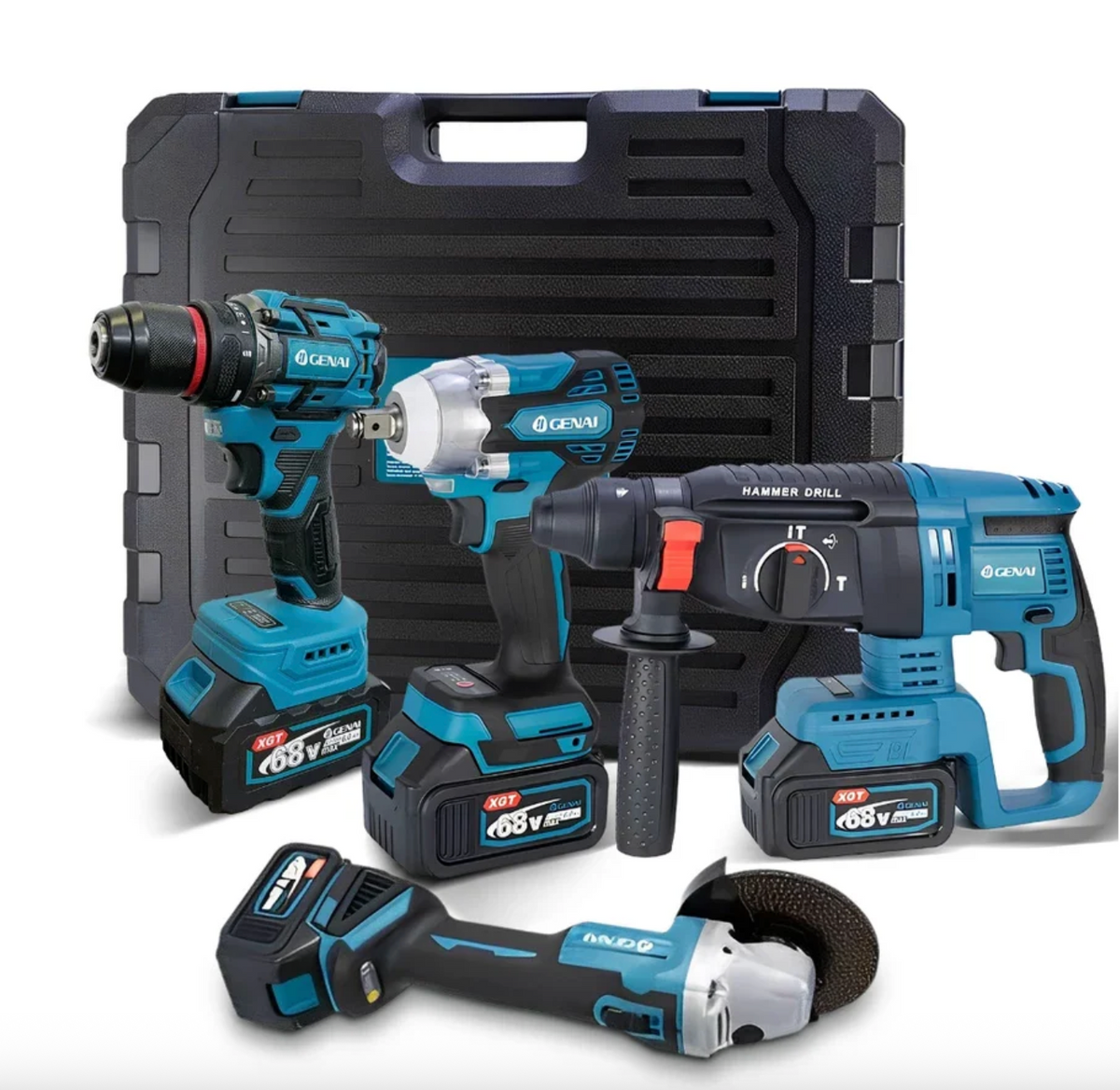 🔥【PREÇO DE FÁBRICA】🔥 Kit de ferramentas 4 em 1 Furadeira, Chave de fenda/Chave de impacto/Amolador/Martelo 2 baterias de 21 V Caixa